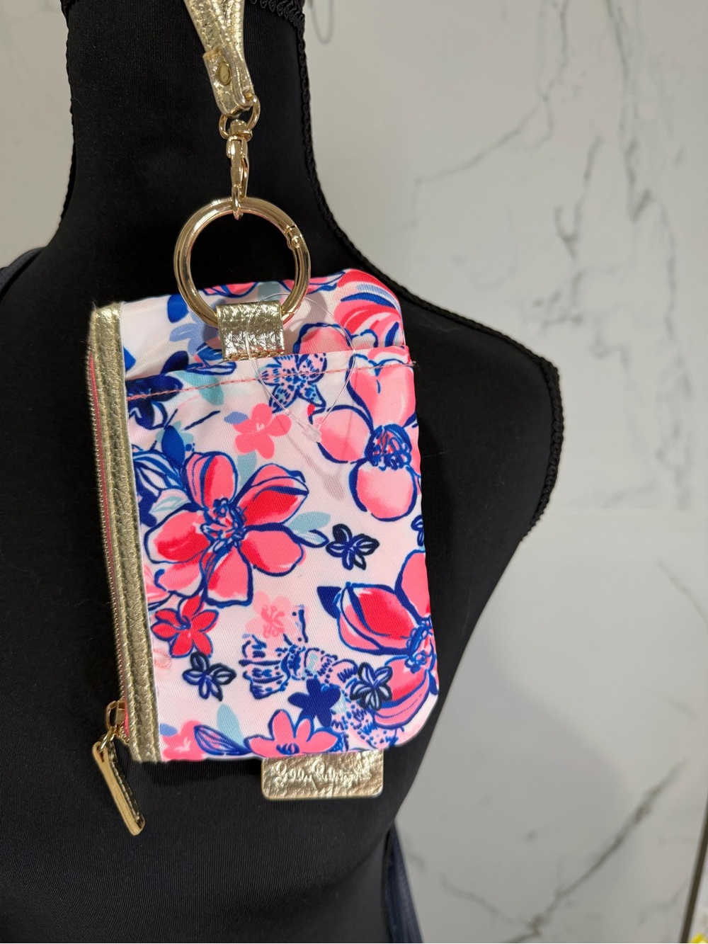 Lilly Pulitzer Pink & Blue Floral Wristlet Card Holder with Gold Accents